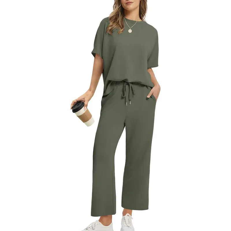 Two Piece Sets for Women Summer Outfits Oversized Wide Leg Crop Pants Lounge Sets Airport Beach Vacation Clothes